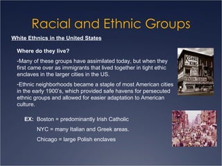 Racial and Ethnic Groups White Ethnics in the United States Where do they live? Many of these groups have assimilated today, but when they first came over as immigrants that lived together in tight ethic enclaves in the larger cities in the US. Ethnic neighborhoods became a staple of most American cities in the early 1900’s, which provided safe havens for persecuted ethnic groups and allowed for easier adaptation to American culture. EX:   Boston = predominantly Irish Catholic NYC = many Italian and Greek areas. Chicago = large Polish enclaves 