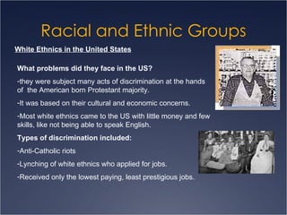 Racial and Ethnic Groups White Ethnics in the United States What problems did they face in the US? they were subject many acts of discrimination at the hands of  the American born Protestant majority. It was based on their cultural and economic concerns. Most white ethnics came to the US with little money and few skills, like not being able to speak English. Types of discrimination included: Anti-Catholic riots Lynching of white ethnics who applied for jobs. Received only the lowest paying, least prestigious jobs. 