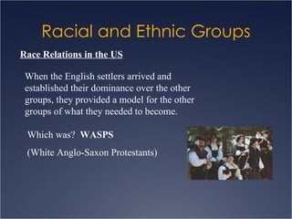 Racial and Ethnic Groups Race Relations in the US When the English settlers arrived and established their dominance over the other groups, they provided a model for the other groups of what they needed to become. Which was?  WASPS (White Anglo-Saxon Protestants) 