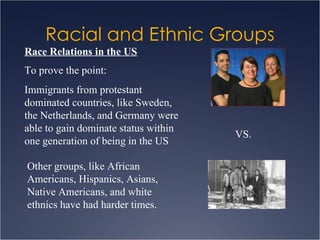 Racial and Ethnic Groups Race Relations in the US To prove the point: Immigrants from protestant dominated countries, like Sweden, the Netherlands, and Germany were able to gain dominate status within one generation of being in the US Other groups, like African Americans, Hispanics, Asians, Native Americans, and white ethnics have had harder times. VS. 