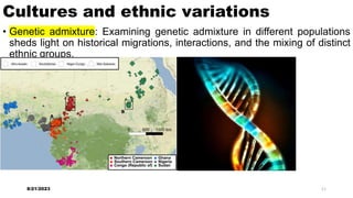 Cultures and ethnic variations
• Genetic admixture: Examining genetic admixture in different populations
sheds light on historical migrations, interactions, and the mixing of distinct
ethnic groups.
8/21/2023 11
 