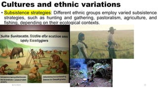 Cultures and ethnic variations
• Subsistence strategies: Different ethnic groups employ varied subsistence
strategies, such as hunting and gathering, pastoralism, agriculture, and
fishing, depending on their ecological contexts.
8/21/2023 13
 