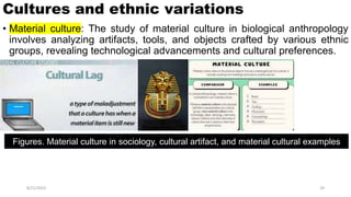 Cultures and ethnic variations
• Material culture: The study of material culture in biological anthropology
involves analyzing artifacts, tools, and objects crafted by various ethnic
groups, revealing technological advancements and cultural preferences.
8/21/2023 29
Figures. Material culture in sociology, cultural artifact, and material cultural examples
 