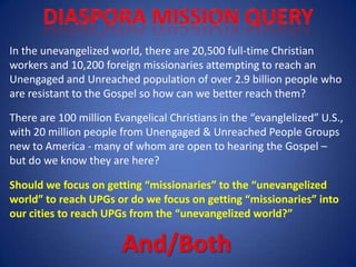 In the unevangelized world, there are 20,500 full-time Christian
workers and 10,200 foreign missionaries attempting to reach an
Unengaged and Unreached population of over 2.9 billion people who
are resistant to the Gospel so how can we better reach them?

There are 100 million Evangelical Christians in the “evanglelized” U.S.,
with 20 million people from Unengaged & Unreached People Groups
new to America - many of whom are open to hearing the Gospel –
but do we know they are here?

Should we focus on getting “missionaries” to the “unevangelized
world” to reach UPGs or do we focus on getting “missionaries” into
our cities to reach UPGs from the “unevangelized world?”

                        And/Both
 