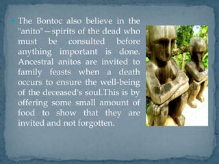  The Bontoc also believe in the
"anito"—spirits of the dead who
must be consulted before
anything important is done.
Ancestral anitos are invited to
family feasts when a death
occurs to ensure the well-being
of the deceased's soul.This is by
offering some small amount of
food to show that they are
invited and not forgotten.
 