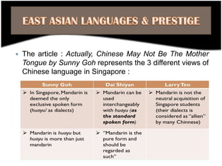    The article : Actually, Chinese May Not Be The Mother
    Tongue by Sunny Goh represents the 3 different views of
    Chinese language in Singapore :
 