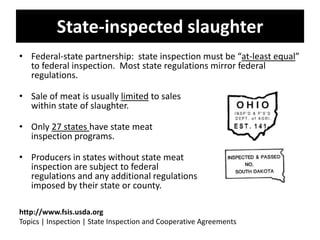 State-inspected slaughter
• Federal-state partnership: state inspection must be “at-least equal”
to federal inspection. Mo...