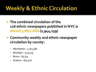 

The combined circulation of the
126 ethnic newspapers published in NYC is
almost 3 MILLION (2,944,159)



Community weekly and ethnic newspaper
circulation by county:
 Manhattan - 1,771,580
 Brooklyn – 413,405

 Bronx - 81,774
 Queens – 677,400

 