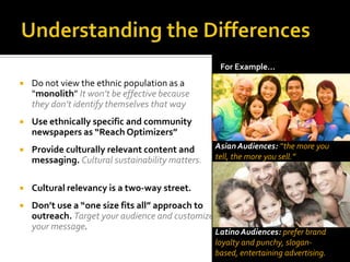 For Example…


Do not view the ethnic population as a
“monolith” It won’t be effective because
they don’t identify themselves that way



Use ethnically specific and community
newspapers as “Reach Optimizers”



Provide culturally relevant content and
messaging. Cultural sustainability matters.



Cultural relevancy is a two-way street.



Don’t use a “one size fits all” approach to
outreach. Target your audience and customize
your message.

Asian Audiences: “the more you
tell, the more you sell.”

Latino Audiences: prefer brand
loyalty and punchy, sloganbased, entertaining advertising.

 