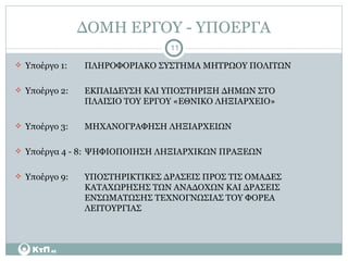 ΔΟΜΗ ΕΡΓΟΥ - ΥΠΟΕΡΓΑ Υποέργο 1:  ΠΛΗΡΟΦΟΡΙΑΚΟ ΣΥΣΤΗΜΑ ΜΗΤΡΩΟΥ ΠΟΛΙΤΩΝ Υποέργο 2:  ΕΚΠΑΙΔΕΥΣΗ ΚΑΙ ΥΠΟΣΤΗΡΙΞΗ ΔΗΜΩΝ ΣΤΟ    ΠΛΑΙΣΙΟ ΤΟΥ ΕΡΓΟΥ «ΕΘΝΙΚΟ ΛΗΞΙΑΡΧΕΙΟ» Υποέργο 3:  ΜΗΧΑΝΟΓΡΑΦΗΣΗ ΛΗΞΙΑΡΧΕΙΩΝ  Υποέργα 4 - 8:  ΨΗΦΙΟΠΟΙΗΣΗ ΛΗΞΙΑΡΧΙΚΩΝ ΠΡΑΞΕΩΝ Υποέργο 9:  ΥΠΟΣΤΗΡΙΚΤΙΚΕΣ ΔΡΑΣΕΙΣ ΠΡΟΣ ΤΙΣ ΟΜΑΔΕΣ  ΚΑΤΑΧΩΡΗΣΗΣ ΤΩΝ ΑΝΑΔΟΧΩΝ ΚΑΙ ΔΡΑΣΕΙΣ  ΕΝΣΩΜΑΤΩΣΗΣ ΤΕΧΝΟΓΝΩΣΙΑΣ ΤΟΥ ΦΟΡΕΑ  ΛΕΙΤΟΥΡΓΙΑΣ 