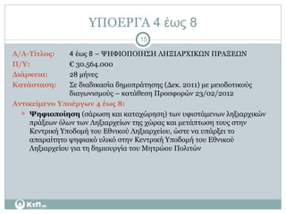 ΥΠΟΕΡΓΑ  4 έως 8 Α/Α-Τίτλος:   4  έως  8  – ΨΗΦΙΟΠΟΙΗΣΗ ΛΗΞΙΑΡΧΙΚΩΝ ΠΡΑΞΕΩΝ  Π/Υ:   € 30.564.000 Διάρκεια:   28 μήνες Κατάσταση:   Σε   διαδικασία δημοπράτησης (Δεκ. 2011) με μειοδοτικούς  διαγωνισμούς – κατάθεση Προσφορών 23/02/2012 Αντικείμενο Υποέργων 4 έως 8: Ψηφιοποίηση  (σάρωση και καταχώρηση) των υφιστάμενων ληξιαρχικών πράξεων όλων των Ληξιαρχείων της χώρας και μετάπτωση τους στην Κεντρική Υποδομή του Εθνικού Ληξιαρχείου, ώστε να υπάρξει το απαραίτητο ψηφιακό υλικό στην Κεντρική Υποδομή του Εθνικού Ληξιαρχείου για τη δημιουργία του Μητρώου Πολιτών 