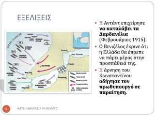 ΕΞΕΛΙΞΕΙΣ
ΦΑΤΣΗ ΑΘΑΝΑΣΙΑ ΦΙΛΟΛΟΓΟΣ8
 Η Αντάντ επιχείρησε
να καταλάβει τα
Δαρδανέλια
(Φεβρουάριος 1915).
 Ο Βενιζέλος έκρινε ότι
η Ελλάδα θα έπρεπε
να πάρει μέρος στην
προσπάθειά της.
 Η άρνηση του
Κωνσταντίνου
οδήγησε τον
πρωθυπουργό σε
παραίτηση.
 