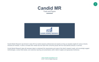 1
www.candid-consultants.com
© 2017 -2018. All Rights Reserved.
Candid Market Research was formed in early 2012 by market research professionals and experts to bring out valuable insights for various industry
verticals and markets, in order to increase their market size and reach their consumer groups with the most desired products or services.
Candid Market Research takes all necessary steps to understand the requirements and scope of the client’s research needs, and accordingly suggest
methodologies, conduct field studies, and customize reporting and presentations within clients’ budgets and appropriate timeframes.
Candid MRFacts and Figure
 