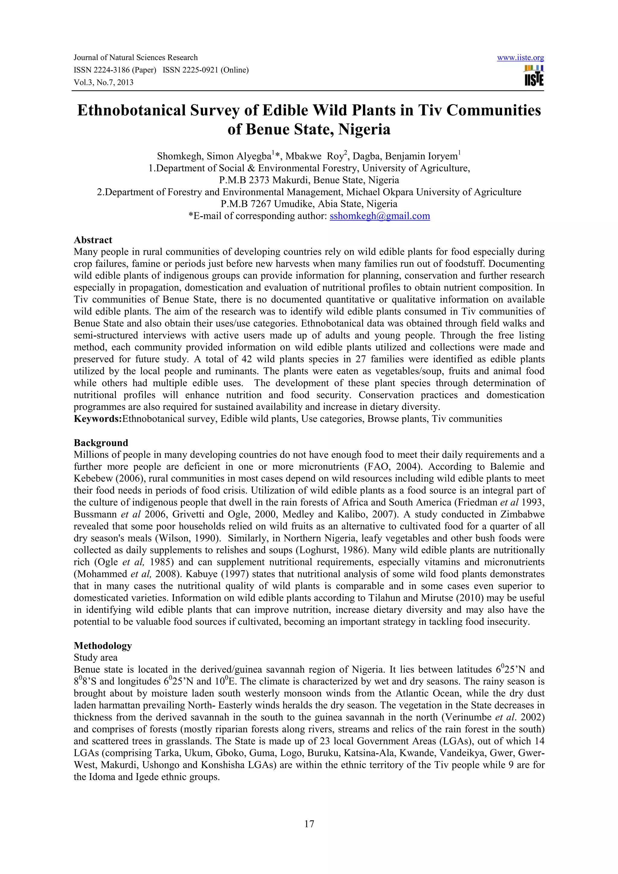 Ethnobotanical survey of edible wild plants in tiv communities of benue ...