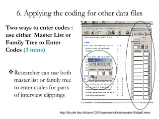 6. Applying the coding for other data files Two ways to enter codes : use either  Master List or Family Tree to Enter Codes  (3 mins) Researcher can use both master list or family tree to enter codes for parts of interview clippings http://iln.cite.hku.hk/com/1391/users/mhckwan/session3/chpt6.wmv 