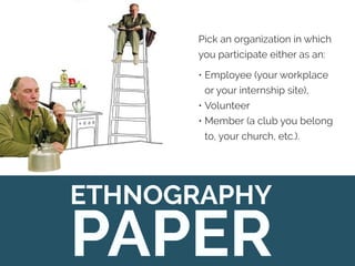 PAPER
ETHNOGRAPHY
Pick an organization in which
you participate either as an:
• Employee (your workplace
or your internship site),
• Volunteer
• Member (a club you belong
to, your church, etc.).
 