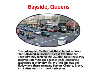 Bayside, Queens Focus of project- To Study all the different cultures that cultivated in Bayside, Queens over time and learn why they came to the US. Also, to see how they communicate with one another while conducting businesses in every day life. My field site was Bell Blvd, where there are many Korean, Chinese, Greek, and Italian restaurants and businesses. 