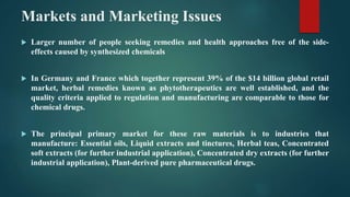 Markets and Marketing Issues
 Larger number of people seeking remedies and health approaches free of the side-
effects caused by synthesized chemicals
 In Germany and France which together represent 39% of the $14 billion global retail
market, herbal remedies known as phytotherapeutics are well established, and the
quality criteria applied to regulation and manufacturing are comparable to those for
chemical drugs.
 The principal primary market for these raw materials is to industries that
manufacture: Essential oils, Liquid extracts and tinctures, Herbal teas, Concentrated
soft extracts (for further industrial application), Concentrated dry extracts (for further
industrial application), Plant-derived pure pharmaceutical drugs.
 