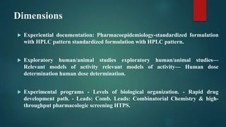 Dimensions
 Experiential documentation: Pharmacoepidemiology-standardized formulation
with HPLC pattern standardized formulation with HPLC pattern.
 Exploratory human/animal studies exploratory human/animal studies—
Relevant models of activity relevant models of activity— Human dose
determination human dose determination.
 Experimental programs - Levels of biological organization. - Rapid drug
development path. - Leads: Comb. Leads: Combinatorial Chemistry & high-
throughput pharmacologic screening HTPS.
 