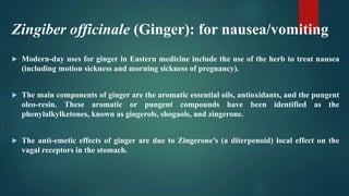 Zingiber officinale (Ginger): for nausea/vomiting
 Modern-day uses for ginger in Eastern medicine include the use of the herb to treat nausea
(including motion sickness and morning sickness of pregnancy).
 The main components of ginger are the aromatic essential oils, antioxidants, and the pungent
oleo-resin. These aromatic or pungent compounds have been identified as the
phenylalkylketones, known as gingerols, shogaols, and zingerone.
 The anti-emetic effects of ginger are due to Zingerone’s (a diterpenoid) local effect on the
vagal receptors in the stomach.
 