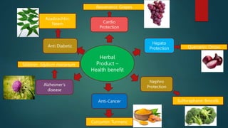Herbal
Product –
Health benefit
Cardio
Protection
Hepato
Protection
Nephro
Protection
Anti-Cancer
Alzheimer’s
disease
Anti Diabetic Quercetin: Onion
Curcumin: Turmeric
Sulforaphane: Brocolli
Resveratrol: Grapes
Azadirachtin:
Neem
Silibinin: Silybum marianum
 