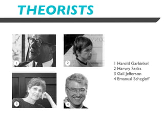 THEORISTS


1    2   2   1 Harold Garkinkel
             2 Harvey Sacks
             3 Gail Jefferson
             4 Emanual Schegloff




3    4
 