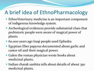 A brief idea of EthnoPharmacology
 EthnoVeterinary medicine is an important component
of indigenous knowledge system.
 Archeological evidences provide substantial clues that
prehistoric people were aware of magical power of
plants.
 60,000 years ago Iraqi people used Ephedra
 Egyptian Eber papyrus documented about garlic and
castor oil and their magical power.
 Galen the roman physician wrote books about
medicinal plants.
 Indian charak sanhita tells about details of about 350
medicinal plants.
 