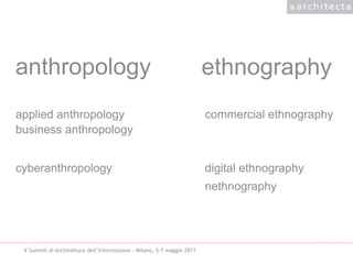 anthropology                                                            ethnography
applied anthropology                                                    commercial ethnography
business anthropology


cyberanthropology                                                       digital ethnography
                                                                        nethnography




 V Summit di Architettura dell’Informazione - Milano, 5-7 maggio 2011
 