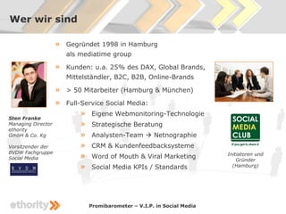Wer wir sind

                    »   Gegründet 1998 in Hamburg
                        als mediatime group

                    »   Kunden: u.a. 25% des DAX, Global Brands,
                        Mittelständler, B2C, B2B, Online-Brands

                    »   > 50 Mitarbeiter (Hamburg & München)

                    »   Full-Service Social Media:

Sten Franke
                            »   Eigene Webmonitoring-Technologie
Managing Director           »   Strategische Beratung
ethority
GmbH & Co. Kg               »   Analysten-Team  Netnographie
Vorsitzender der            »   CRM & Kundenfeedbacksysteme
BVDW Fachgruppe
Social Media                »   Word of Mouth & Viral Marketing           Initiatoren und
                                                                              Gründer
                            »   Social Media KPIs / Standards               (Hamburg)




                                Promibarometer – V.I.P. in Social Media
 