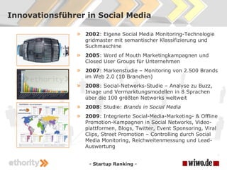 Innovationsführer in Social Media

               »   2002: Eigene Social Media Monitoring-Technologie
                   ...