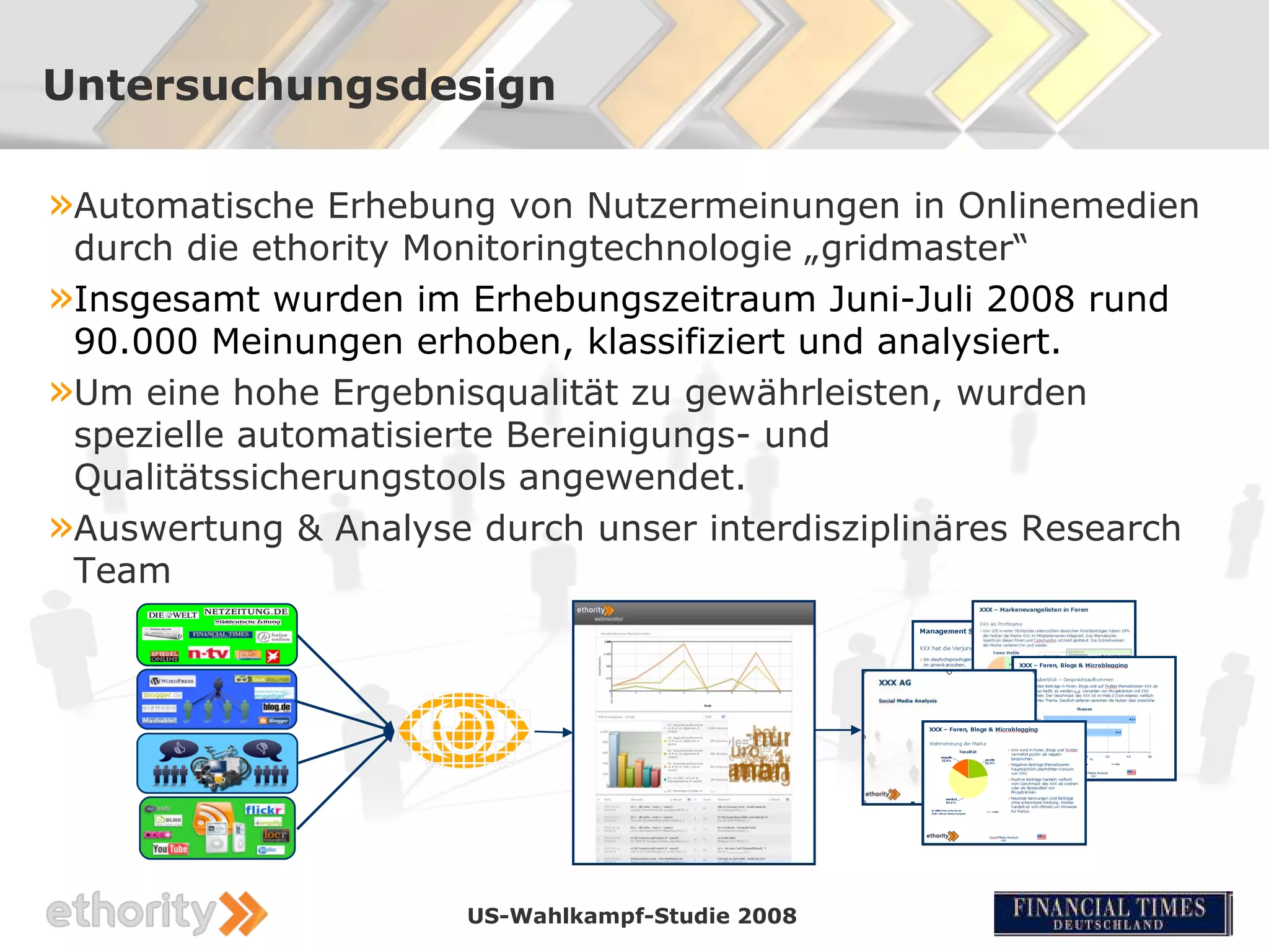 Untersuchungsdesign

»Automatische Erhebung von Nutzermeinungen in Onlinemedien
 durch die ethority Monitoringtechnologie „gridmaster“
»Insgesamt wurden im Erhebungszeitraum Juni-Juli 2008 rund
 90.000 Meinungen erhoben, klassifiziert und analysiert.
»Um eine hohe Ergebnisqualität zu gewährleisten, wurden
 spezielle automatisierte Bereinigungs- und
 Qualitätssicherungstools angewendet.
»Auswertung & Analyse durch unser interdisziplinäres Research
 Team




                      US-Wahlkampf-Studie 2008
 