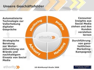 Unsere Geschäftsfelder


Automatisierte                                       Consumer
Technologie zur                                    Insights aus
Vollerhebung                                       Social Media
digitaler                                       ziehen und den
Gespräche                                               Kunden
                                                     verstehen
                                                         lernen

Strategische                                    Durchführung
Beratung                                            von ganz-
zur Weiter-                                        heitlichen
entwicklung von                                    Marketing-
Brands und                                        Kampagnen
nachhaltigem
Einsatz von Social
Media

                     US-Wahlkampf-Studie 2008
 