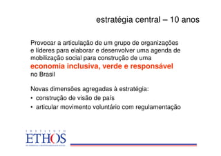 estratégia central – 10 anos

Provocar a articulação de um grupo de organizações
e líderes para elaborar e desenvolver uma agenda de
mobilização social para construção de uma
economia inclusiva, verde e responsável
no Brasil

Novas dimensões agregadas à estratégia:
• construção de visão de país
• articular movimento voluntário com regulamentação
 