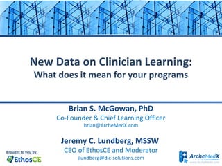 New Data on Clinician Learning:
What does it mean for your programs
Brian S. McGowan, PhD

Co-Founder & Chief Learning Officer
brian@ArcheMedX.com

Jeremy C. Lundberg, MSSW
CEO of EthosCE and Moderator
jlundberg@dlc-solutions.com

 