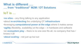 What is different ….
IoT is …
•no silos – any thing talking to any application
•about re-architecting the underlying OT infrastructure
•leveraging computational power at the edge where it makes sense
•agility (flexibility, scalability) at the edge – in hardware and software
•an ecosystem play – there is no one size fits all, no company that has /
knows it all
•about scaling – not just up but out
…. from “traditional” M2M / OT Solutions
 