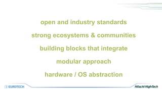 open and industry standards
strong ecosystems & communities
building blocks that integrate
modular approach
hardware / OS abstraction
 