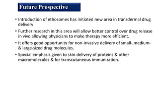 • Introduction of ethosomes has initiated new area in transdermal drug
delivery
• Further research in this area will allow better control over drug release
in vivo allowing physicians to make therapy more efficient.
• It offers good opportunity for non-invasive delivery of small-,medium-
& large-sized drug molecules.
• Special emphasis given to skin delivery of proteins & other
macromolecules & for transcutaneous immunization.
Future Prospective
 
