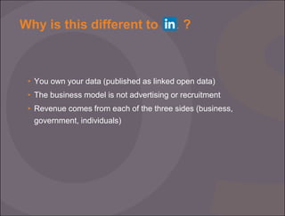 Why is this different to

?

• You own your data (published as linked open data)
• The business model is not advertising or recruitment
• Revenue comes from each of the three sides (business,
government, individuals)

 