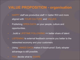 VALUE PROPOSITION - organisation
•

HAPPY staff are productive staff => better ROI and more
aligned with YOUR CULTURE and VALUES

•

Publishing OPEN DATA on your people, culture and
opportunities..

•

..build a LIFETIME FOLLOWING => better share of talent

•

LISTENING to external feedback connects you better to the
networked economy and your customers

•

Using LINKED DATA makes it future-proof. Early adopter

advantage is still possible.
•

YOU decide what to SHARE

 