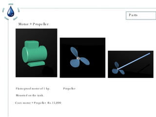 Motor + Propeller Parts Flameproof motor of 1 hp. Mounted on the tank. Propeller Cost: motor + Propeller  Rs.15,000 