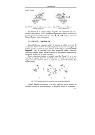 Electrotehnică
115
pereţii fantei).
Fig. 7.11 Fantă pentru definirea intensităţii Fig. 7.12 Fantă pentru definirea
câmpului magnetic inducţiei magnetice
Se observă că în corpuri câmpul magnetic este determinat atât de o
influenţă exterioară cât şi de o proprietate magnetică a corpului. Rezultă că se
poate alege oricare pereche de mărimi dintre B , H şi M pentru a caracteriza
câmpul magnetic în medii magnetice.
7.2.5. METODA IMAGINILOR
Calculul câmpului magnetic produs de curenţii ce străbat un sistem de
conductoare filiforme situate în medii magnetice liniare însă neomogene pe
porţiuni, poate fi efectuat în unele cazuri în mod avantajos, aplicând metoda
imaginilor. Dacă se consideră două medii magnetice diferite, rezolvarea
problemei în cadrul acestei metode se reduce la rezolvarea a două probleme
mai simple în care intervin medii omogene.
Pentru prezentarea metodei se prezintă cazul din figura 7.13 a, în care
suprafaţa de separaţie S12 dintre cele două medii este plană şi se consideră un
singur conductor rectiliniu, paralel cu suprafaţa S12, parcurs de curentul I şi
situat în mediul 1.
Fig. 7.13 Figură explicativă pentru prezentarea metodei imaginilor
Câmpul magnetic în domeniul 1 (în întreg domeniul mediul magnetic se
consideră omogen de permeabilitate μ1) se presupune stabilit de curentul dat I
 