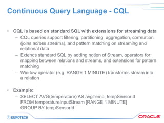 Continuous Query Language - CQL 
•CQL is based on standard SQL with extensions for streaming data 
–CQL queries support filtering, partitioning, aggregation, correlation (joins across streams), and pattern matching on streaming and relational data 
–Extends standard SQL by adding notion of Stream, operators for mapping between relations and streams, and extensions for pattern matching 
–Window operator (e.g. RANGE 1 MINUTE) transforms stream into a relation 
•Example: 
–SELECT AVG(temperature) AS avgTemp, tempSensorId FROM temperatureInputStream [RANGE 1 MINUTE] GROUP BY tempSensorId  