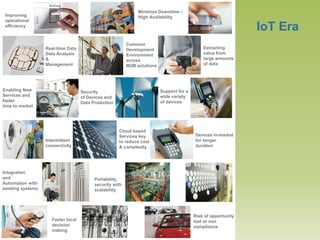IoT Era 
Enabling New Services and faster time to market 
Real-time Data Data Analysis & Management 
Minimize Downtime – High Availability 
Cloud based Services key to reduce cost & complexity 
Common Development Environment across M2M solutions 
Faster local decision making 
Devices in-market for longer duration 
Risk of opportunity lost or non compliance 
Improving operational efficiency 
Integration and Automation with existing systems 
Portability, security with scalability 
Extracting value from large amounts of data 
Support for a wide variety of devices 
Intermittent connectivity 
Security of Devices and Data Protection  