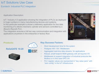 SAN FRANCISCO, CA
JUNE 27-30, 2016
IoT Solutions Use Case
Eurotech: Industrial PLC Integration
Application Description:
Io...