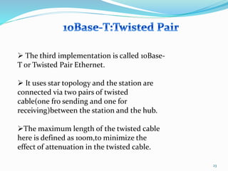 23
 The third implementation is called 10Base-
T or Twisted Pair Ethernet.
 It uses star topology and the station are
connected via two pairs of twisted
cable(one fro sending and one for
receiving)between the station and the hub.
The maximum length of the twisted cable
here is defined as 100m,to minimize the
effect of attenuation in the twisted cable.
 