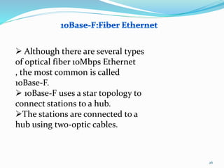 26
 Although there are several types
of optical fiber 10Mbps Ethernet
, the most common is called
10Base-F.
 10Base-F uses a star topology to
connect stations to a hub.
The stations are connected to a
hub using two-optic cables.
 