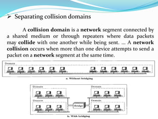33
 Separating collision domains
A collision domain is a network segment connected by
a shared medium or through repeaters where data packets
may collide with one another while being sent. ... A network
collision occurs when more than one device attempts to send a
packet on a network segment at the same time.
 
