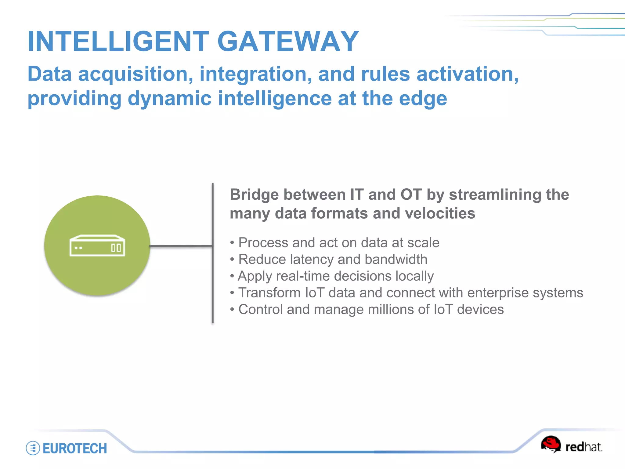 INTELLIGENT GATEWAY
Data acquisition, integration, and rules activation,
providing dynamic intelligence at the edge
Bridge between IT and OT by streamlining the
many data formats and velocities
• Process and act on data at scale
• Reduce latency and bandwidth
• Apply real-time decisions locally
• Transform IoT data and connect with enterprise systems
• Control and manage millions of IoT devices
 