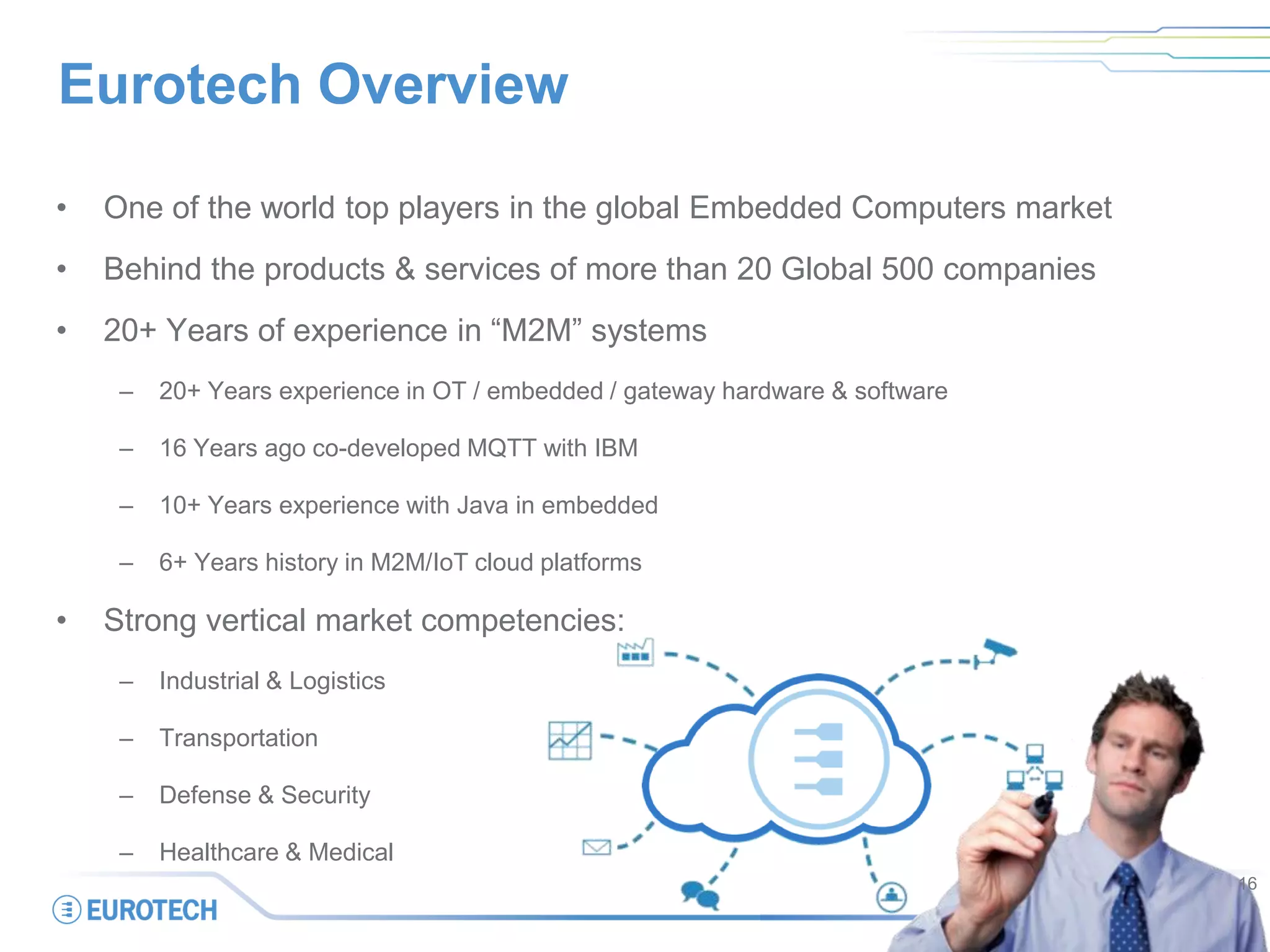 Eurotech Overview
• One of the world top players in the global Embedded Computers market
• Behind the products & services of more than 20 Global 500 companies
• 20+ Years of experience in “M2M” systems
– 20+ Years experience in OT / embedded / gateway hardware & software
– 16 Years ago co-developed MQTT with IBM
– 10+ Years experience with Java in embedded
– 6+ Years history in M2M/IoT cloud platforms
• Strong vertical market competencies:
– Industrial & Logistics
– Transportation
– Defense & Security
– Healthcare & Medical
16
 