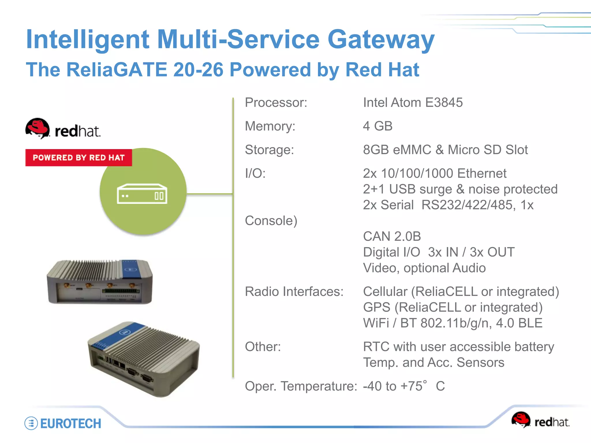 Intelligent Multi-Service Gateway
The ReliaGATE 20-26 Powered by Red Hat
Processor: Intel Atom E3845
Memory: 4 GB
Storage: 8GB eMMC & Micro SD Slot
I/O: 2x 10/100/1000 Ethernet
2+1 USB surge & noise protected
2x Serial RS232/422/485, 1x
Console)
CAN 2.0B
Digital I/O 3x IN / 3x OUT
Video, optional Audio
Radio Interfaces: Cellular (ReliaCELL or integrated)
GPS (ReliaCELL or integrated)
WiFi / BT 802.11b/g/n, 4.0 BLE
Other: RTC with user accessible battery
Temp. and Acc. Sensors
Oper. Temperature: -40 to +75°C
 